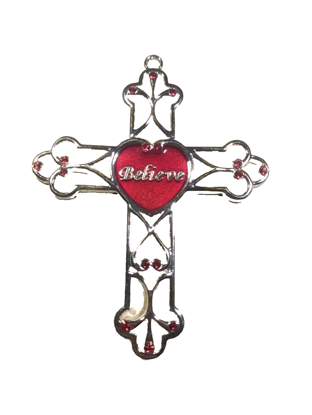 Harvey Lewis Believe Religious Cross Pendant Red Rhinestone Enamel Silver Tone